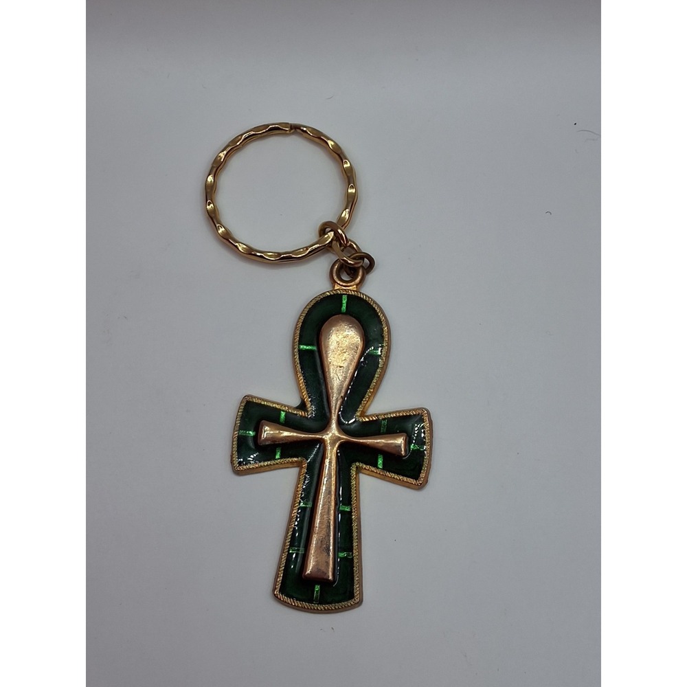 Vintage Egyptian Ankh Keychain Gold Tone Green Enamel Cross of Life Key Ring